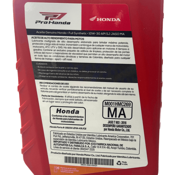 Aceite de Motor Pro Honda 10W30 Sintético 4 Tiempos