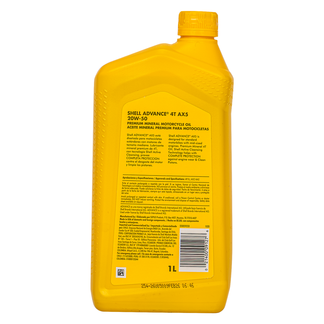 Aceite de Motor Shell Advance 20W50 Mineral AX5 4 Tiempos