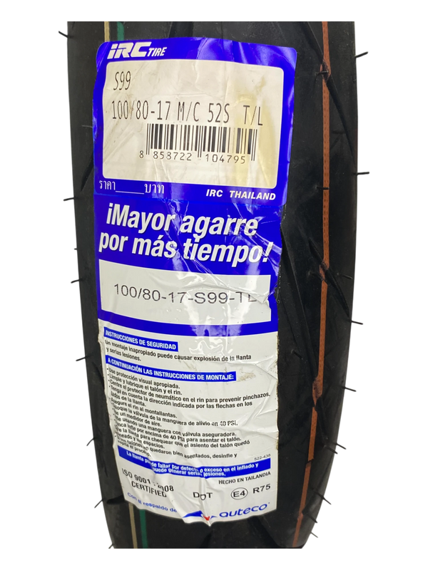 Llanta IRC IZ-S S99 100/80-17 TL FR/RR-Mundimotos