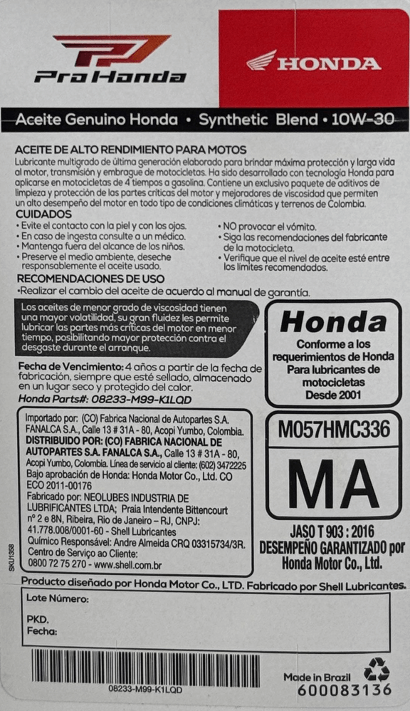 ficha de aceite honda 10w-30