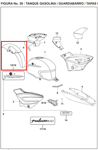 Guardabarro traseraero Frontal Bajaj PULSAR 180 Ug Original - Genuine parts