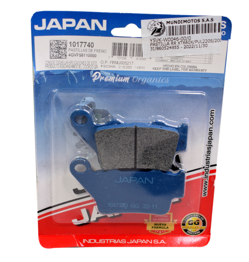 Pastilla freno tras yamaha Xt660X generico industrias japan - Mundimotos